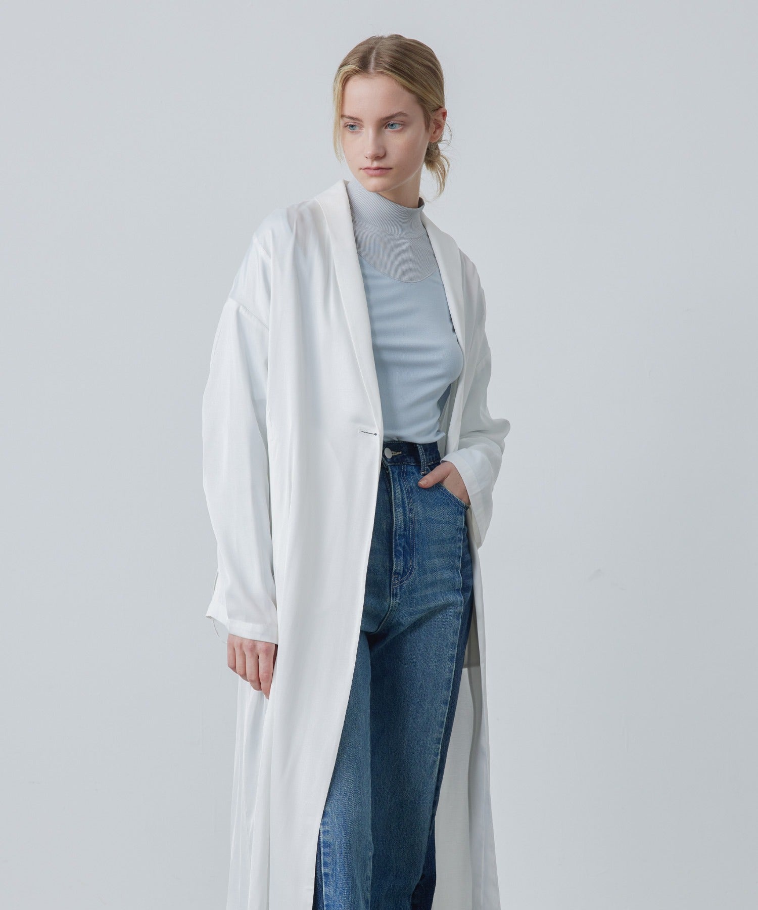 Gathered Sleeve Draped Satin Long Coat