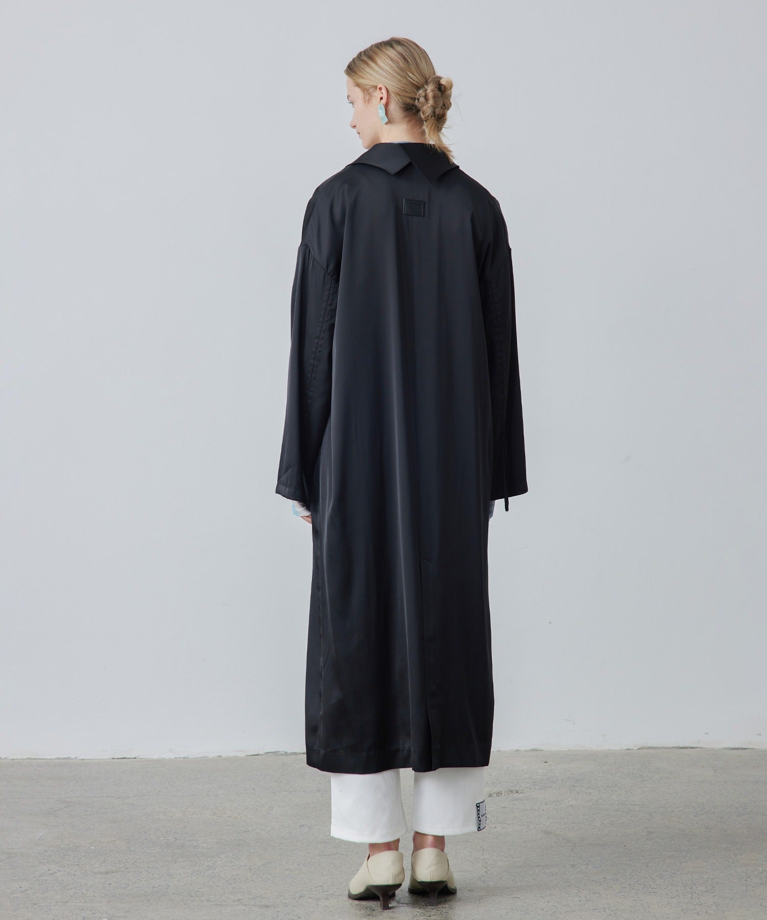 Gathered Sleeve Draped Satin Long Coat