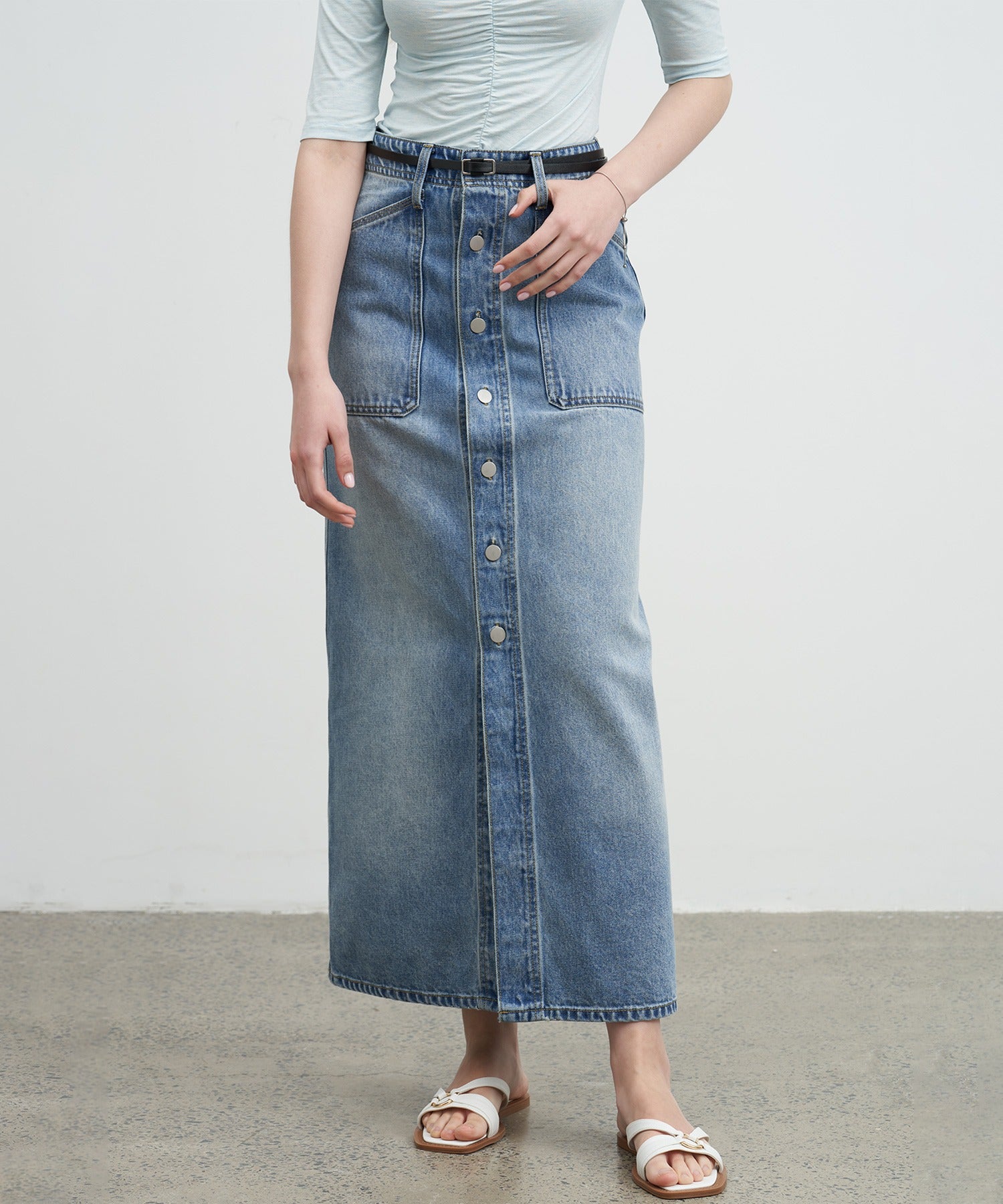 Front Button Denim Midi Skirt