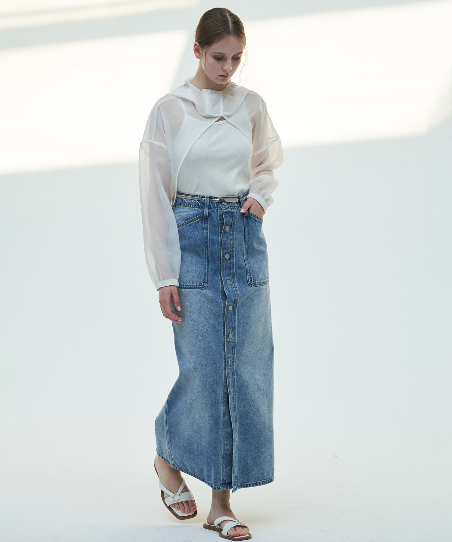 Front Button Denim Midi Skirt