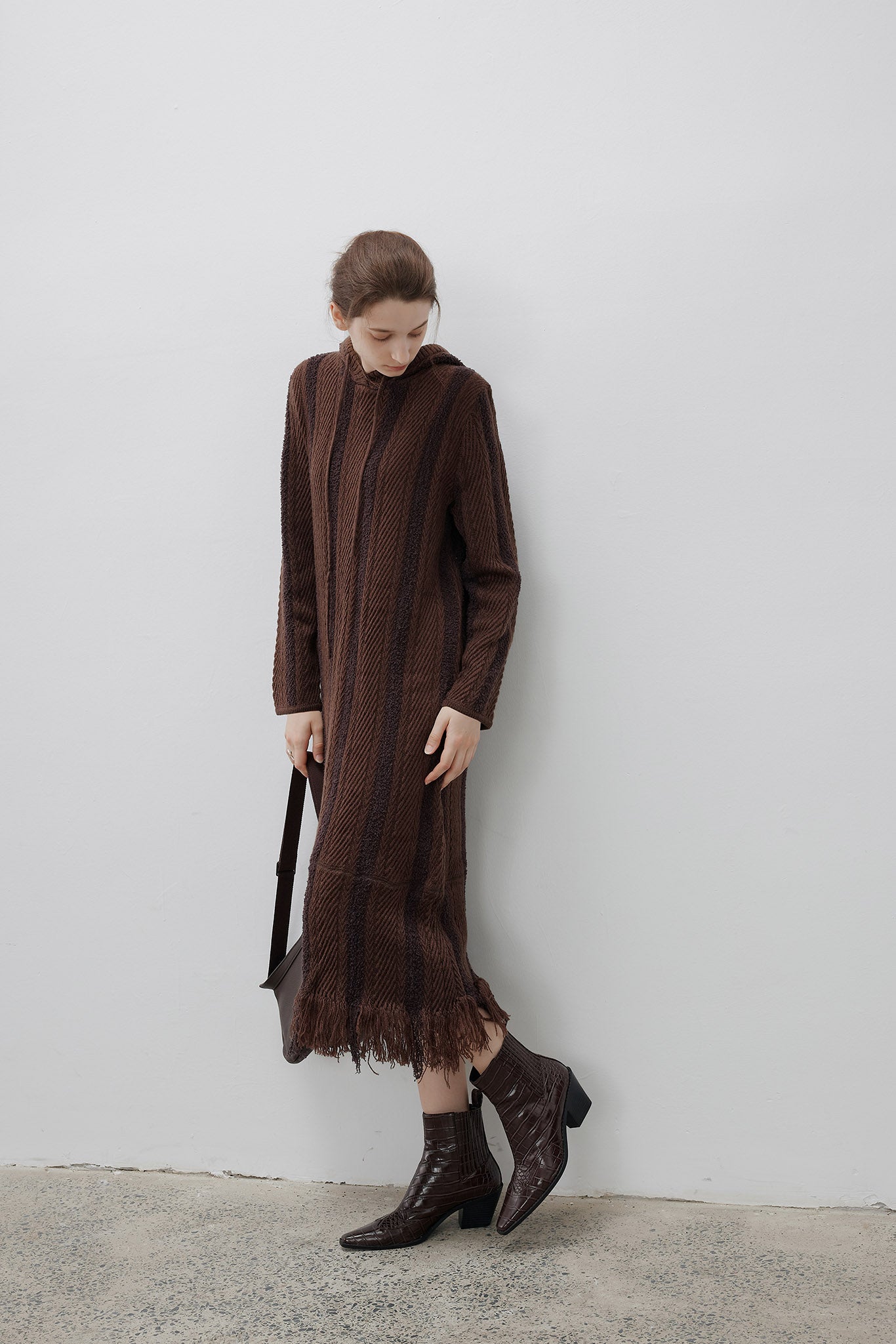 [tageechita] Hooded fringe knit dress