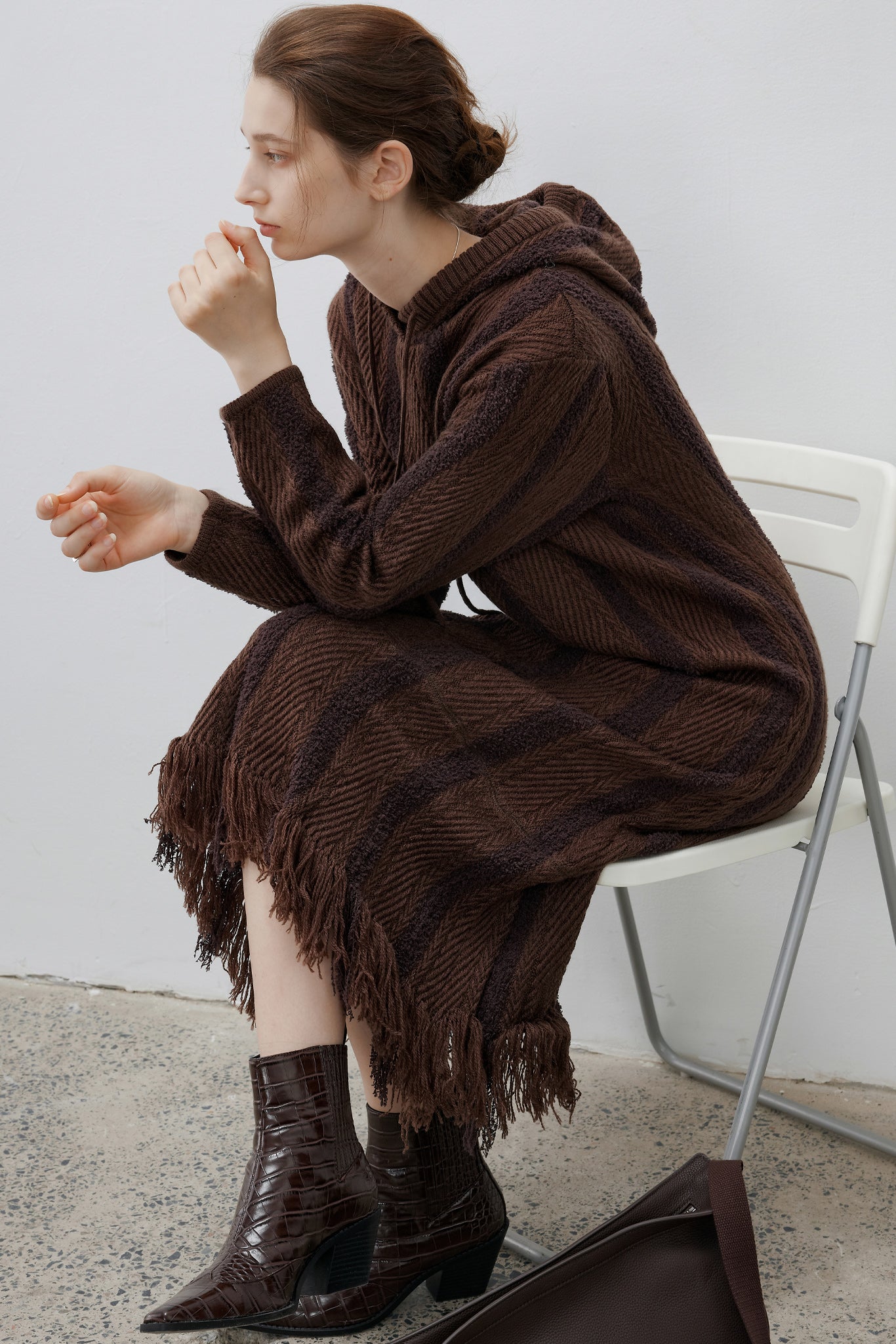 [tageechita] Hooded fringe knit dress