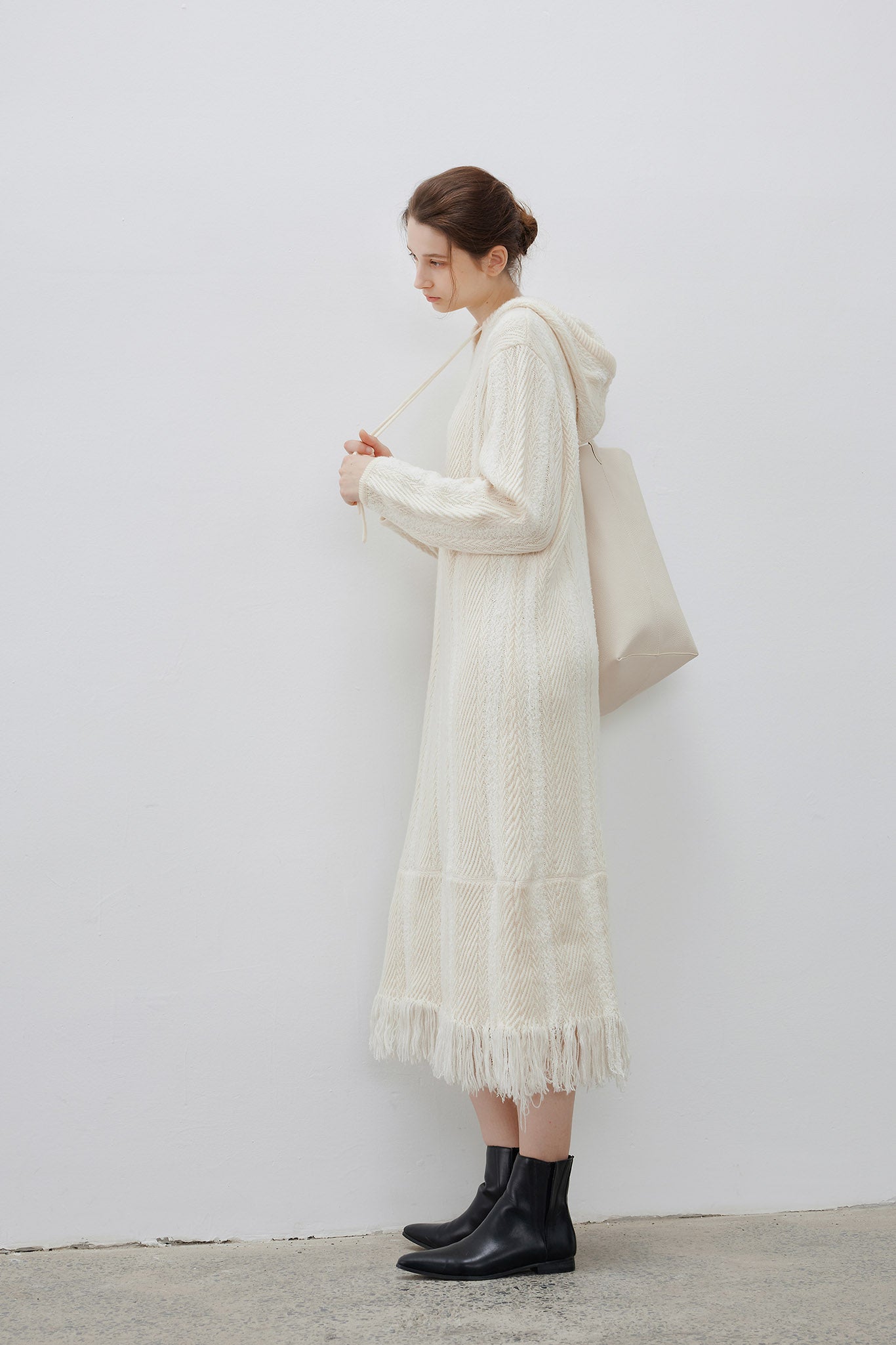 [tageechita] Hooded fringe knit dress