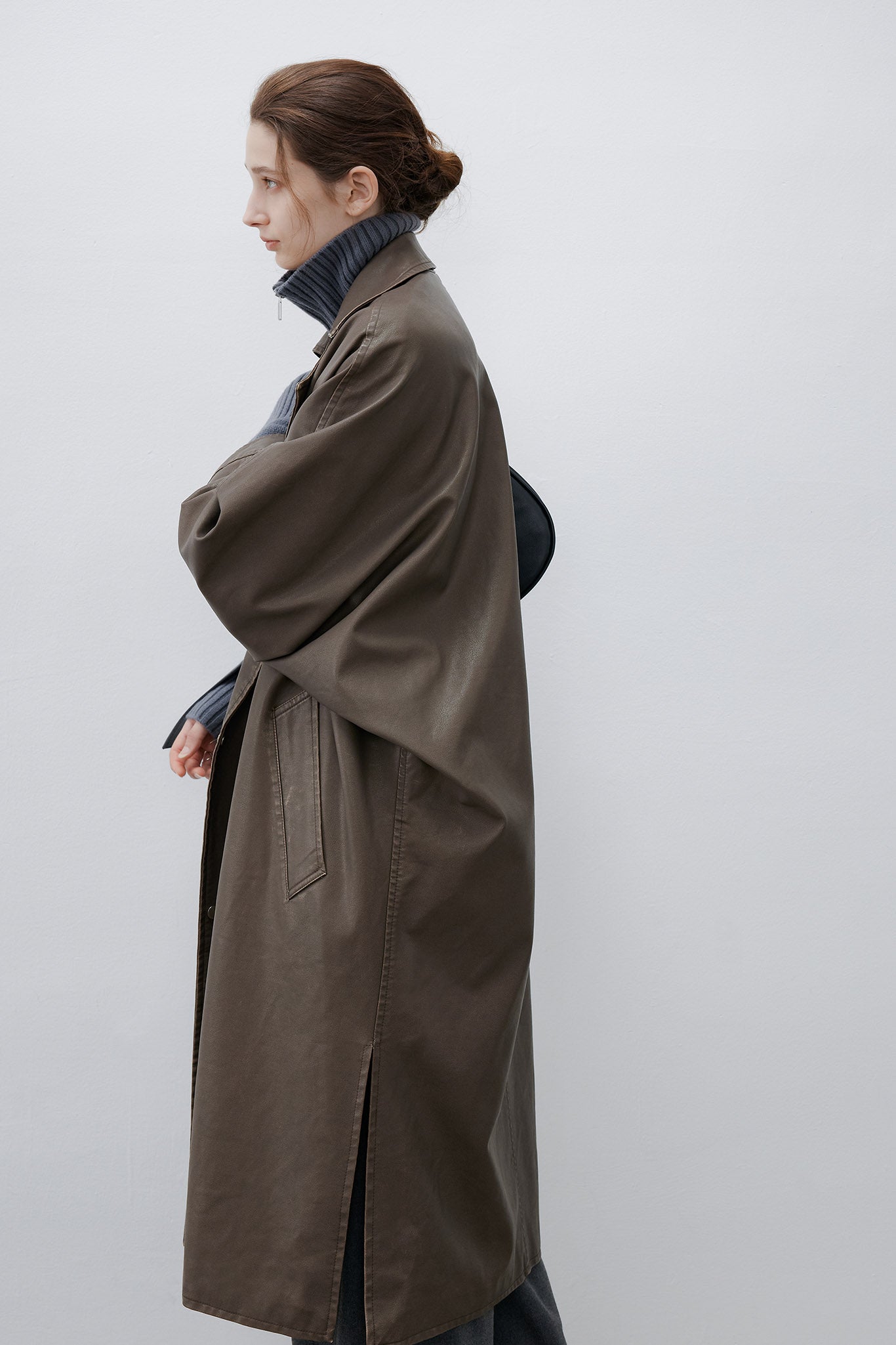 [tageechita] Over silhouette leather long coat