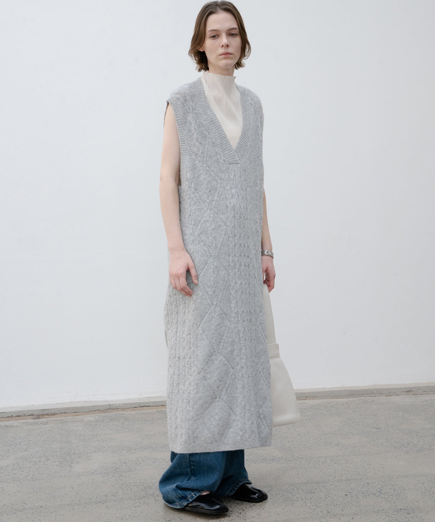 Back Open Cable Knit Long Vest Dress