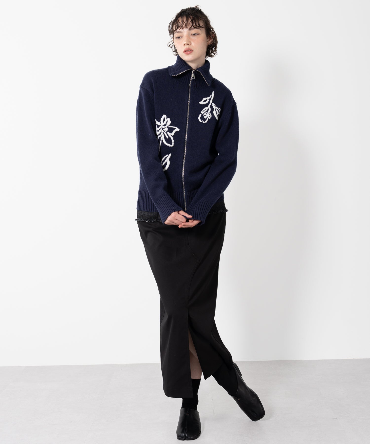 High-Neck Floral Jacquard Knit Jacket