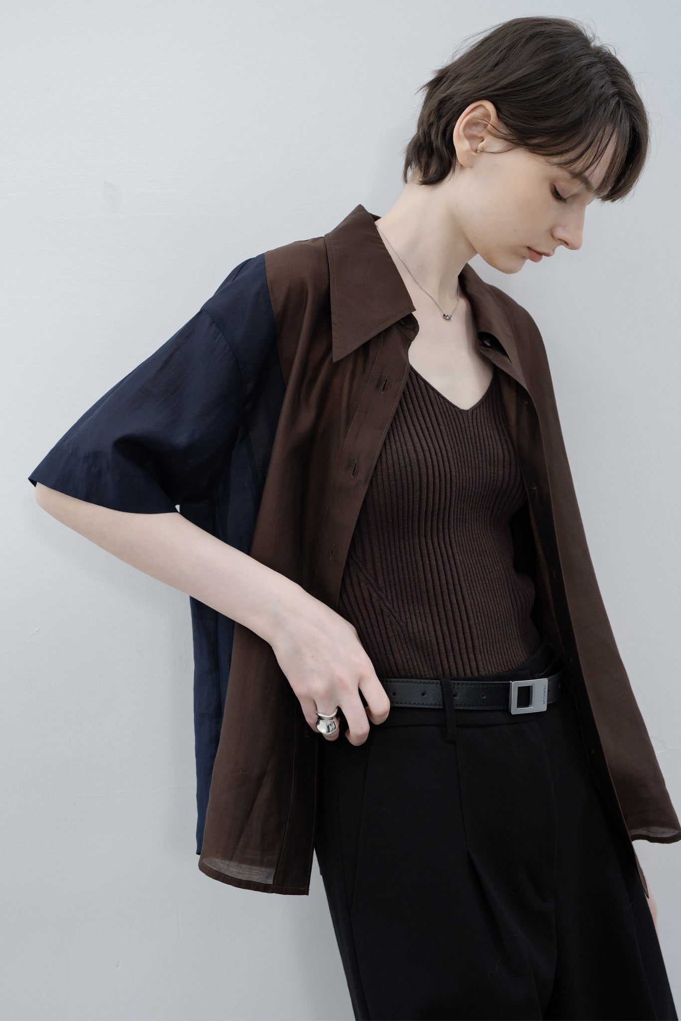 Bicolor switching sheer shirt