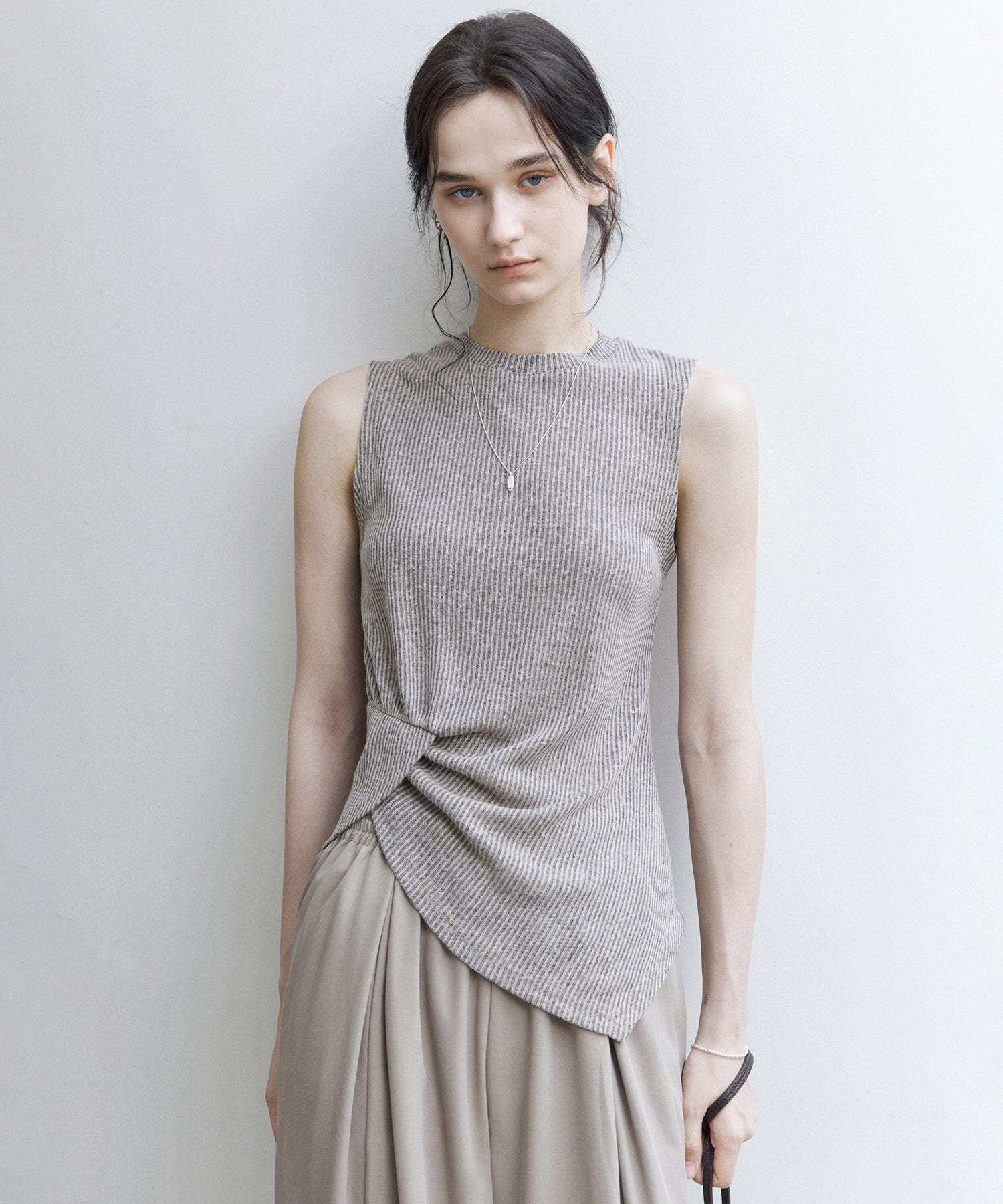 Linen Blend Sleeveless Knit Top with Deconstructed Tuck Design