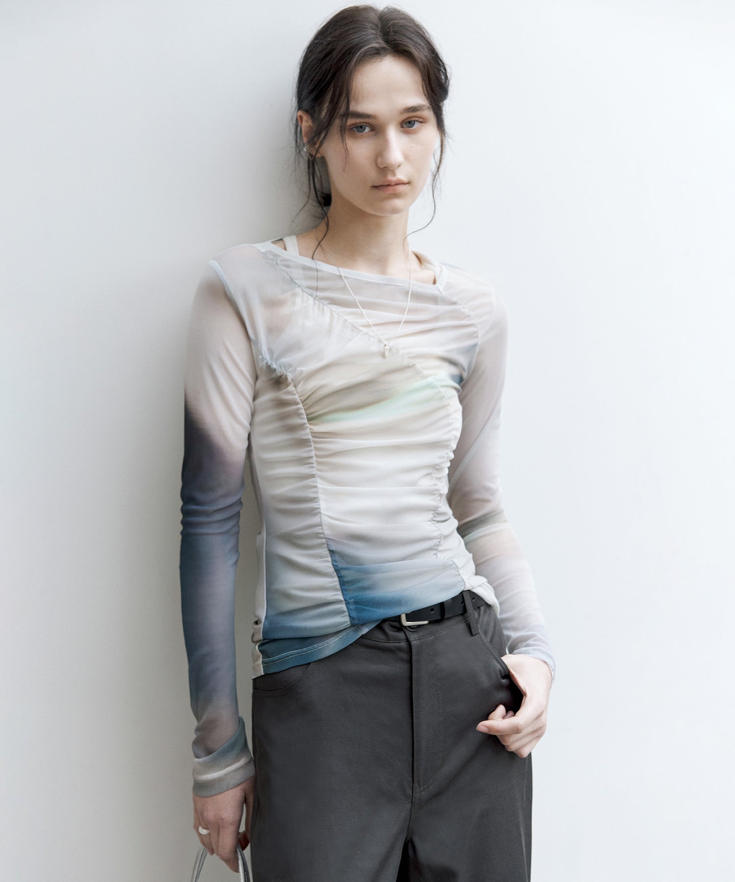 Art Print Sheer Long Sleeve Top with Draped Details
