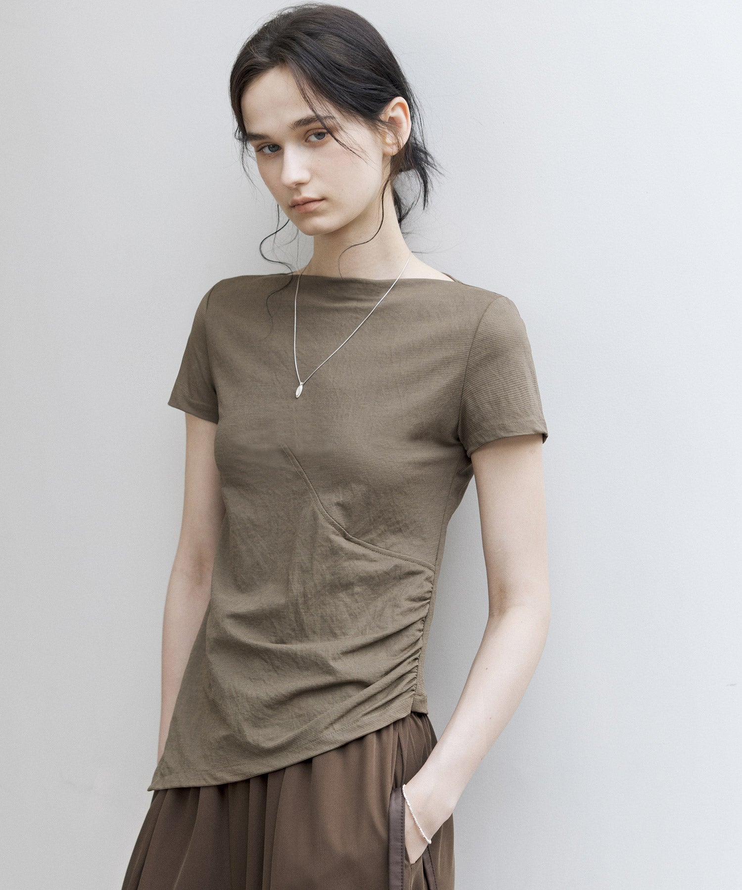 Asymmetric Slim Fit T-Shirt with Boat Neck – Deconstructed Style
