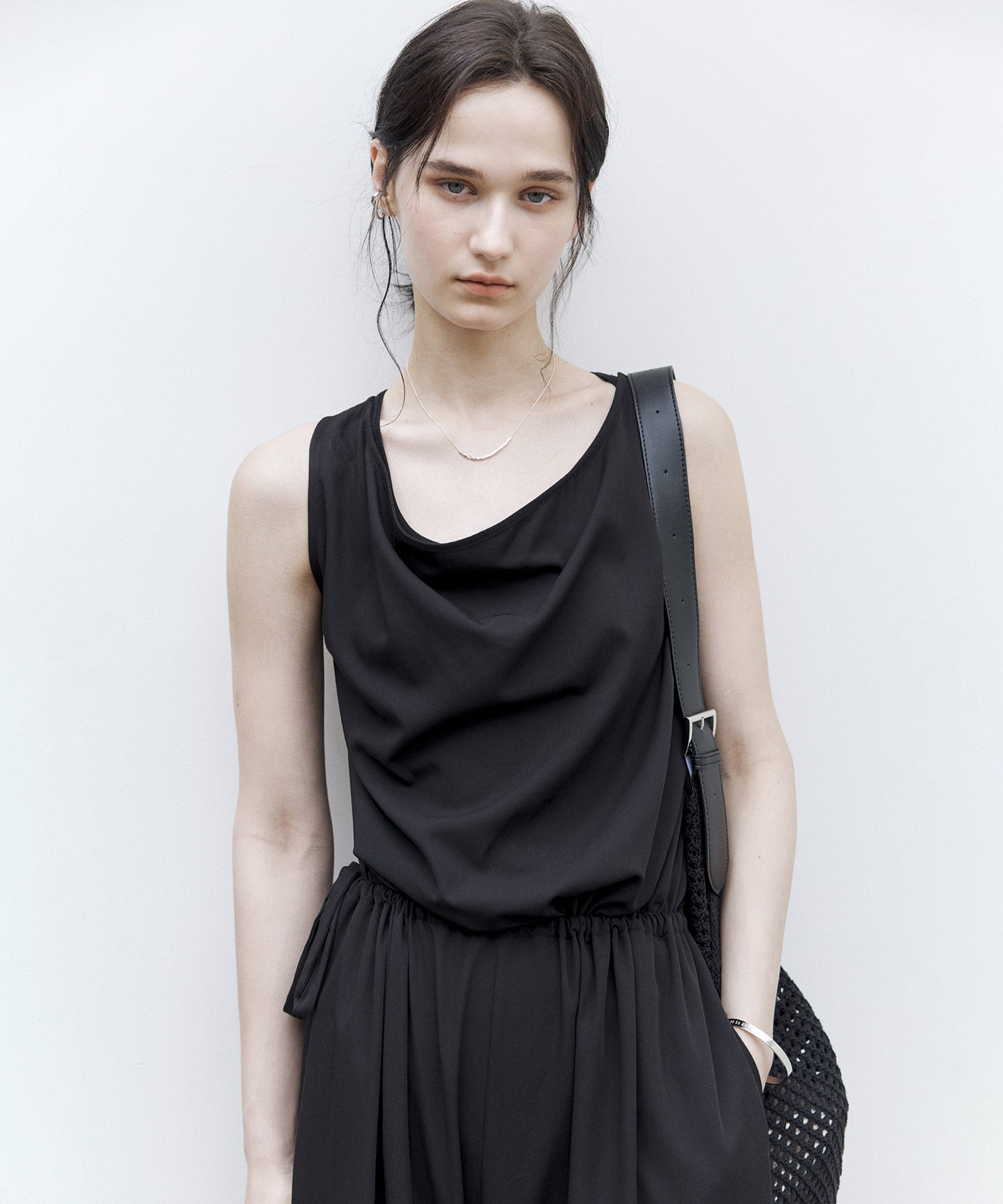 Sleeveless Wide-Leg Jumpsuit with Draped Neckline