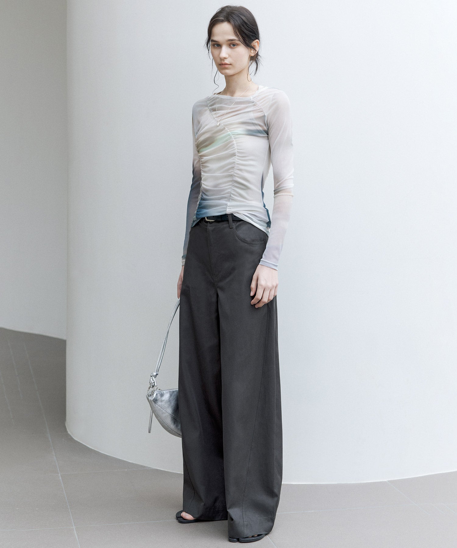 Art Print Sheer Long Sleeve Top with Draped Details