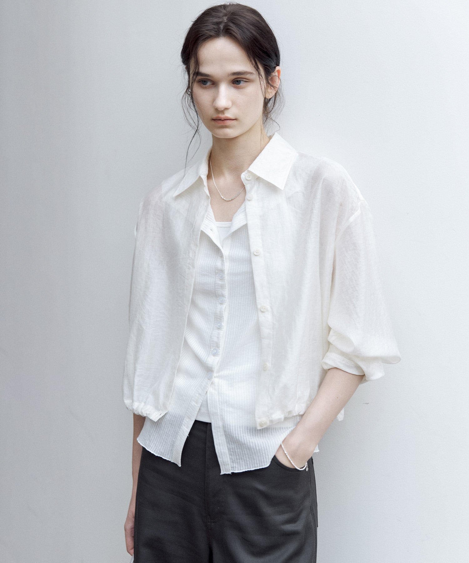 Sheer Cropped Shirt with Dropped Shoulders