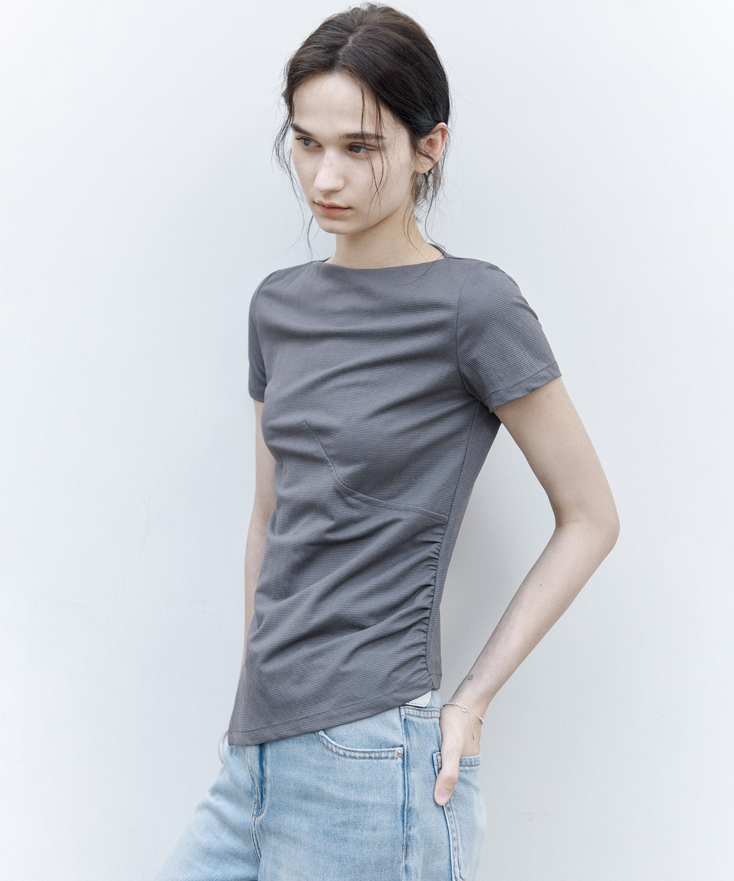 Asymmetric Slim Fit T-Shirt with Boat Neck – Deconstructed Style