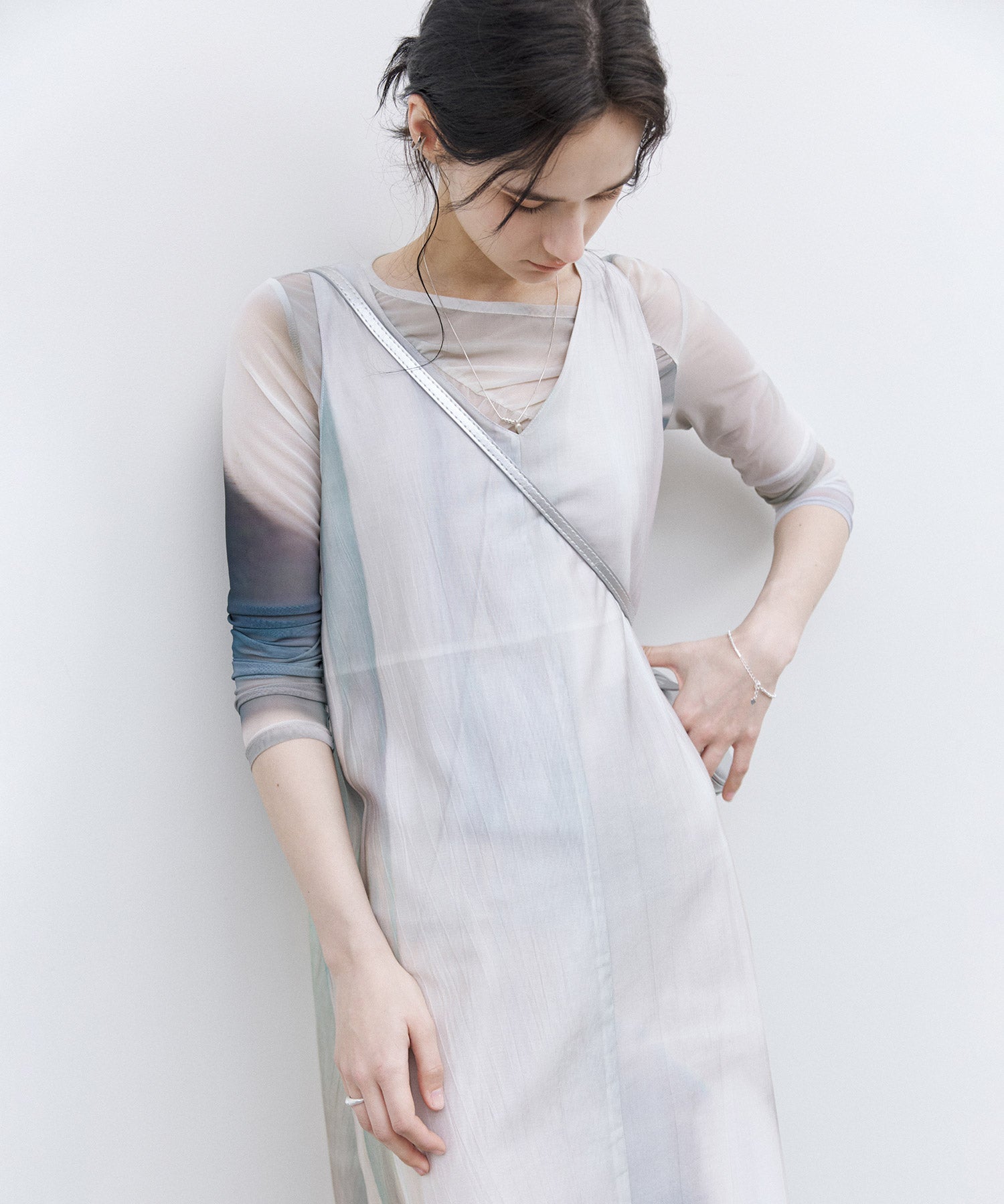 Art Print Sheer Long Sleeve Top with Draped Details