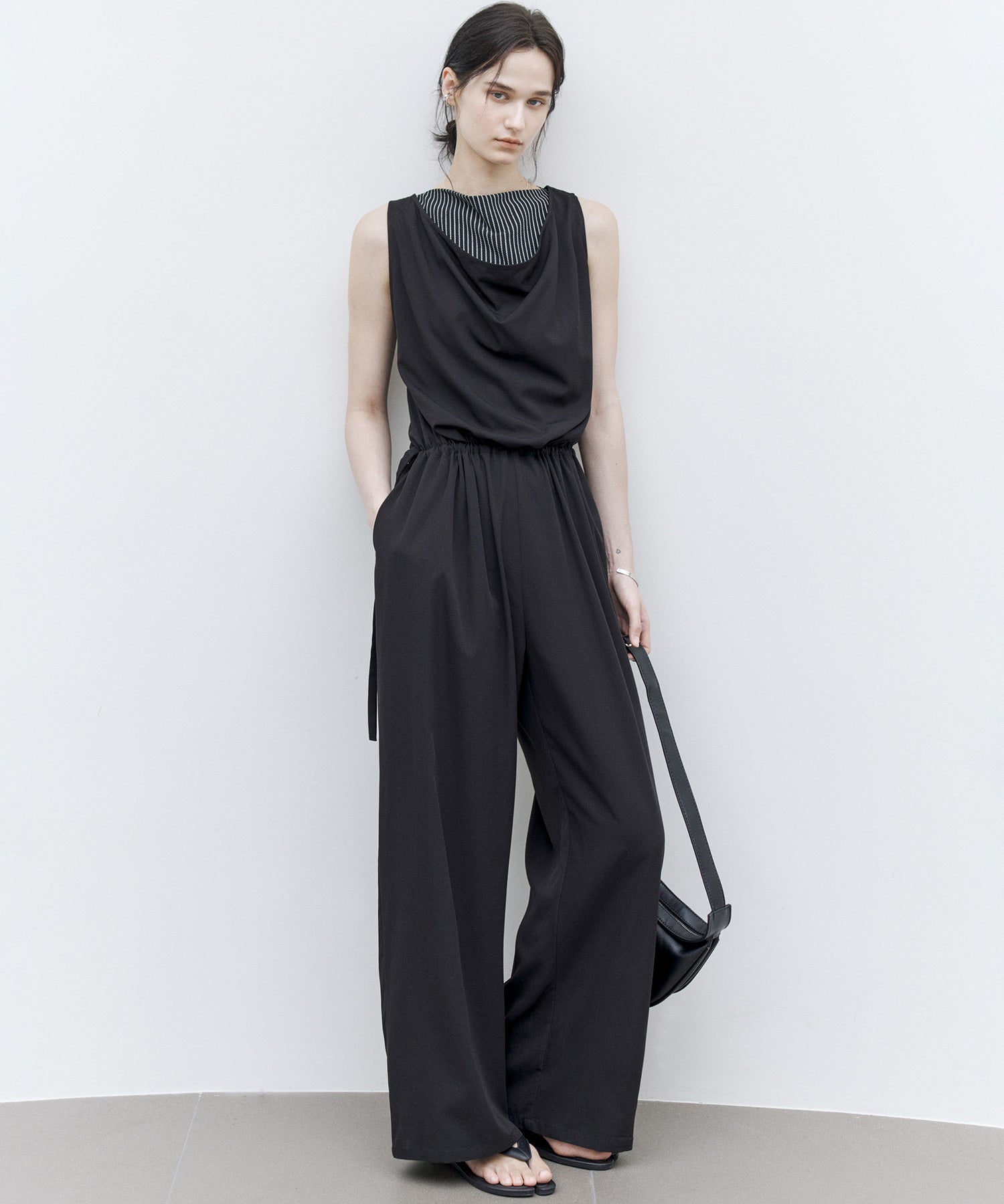 Sleeveless Wide-Leg Jumpsuit with Draped Neckline