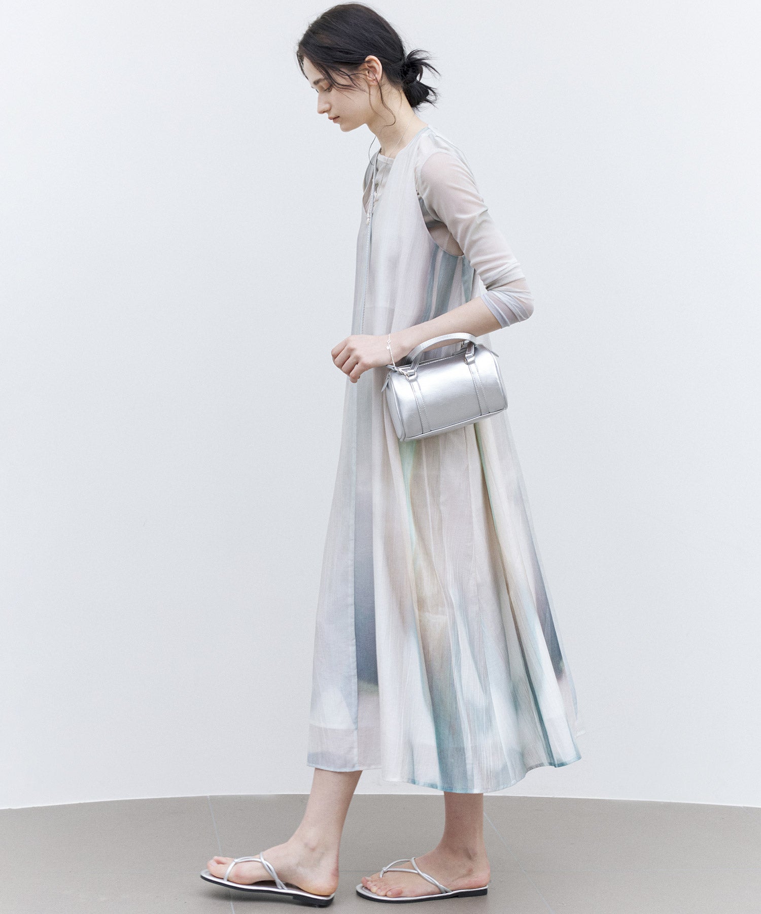 Art Print Sheer Long Sleeve Top with Draped Details