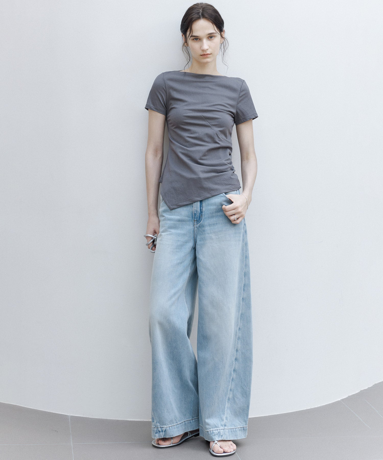 Asymmetric Slim Fit T-Shirt with Boat Neck – Deconstructed Style
